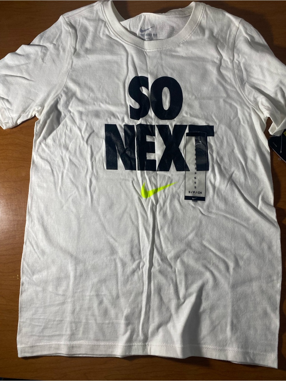 Nike White Short Sleeve 'SO NEXT' Graphic Tee with Neon Swoosh